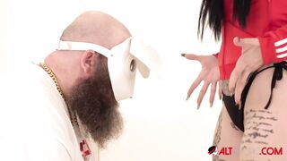 Busty inked hottie Misha Montana takes on two dicks