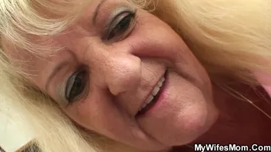Old blonde mother-in-law rides his huge dick
