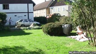 Old stepmother riding his cheating dick outdoor