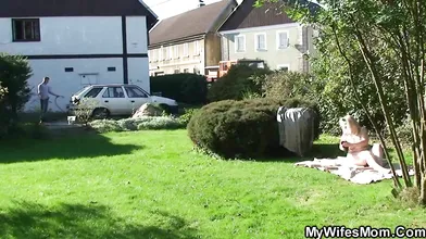 Old stepmother riding his cheating dick outdoor