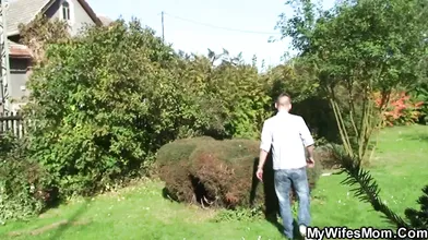 Old stepmother riding his cheating dick outdoor