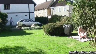 Busty blonde girlfriends mom riding his dick outside