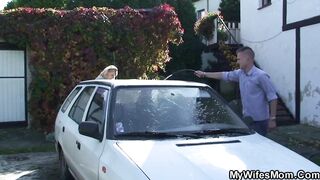 Her hubby fucks busty blonde mother in law outside