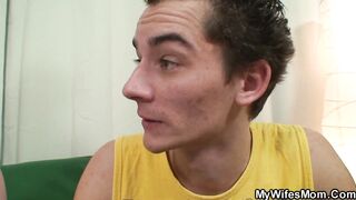 Huge tits old mother in law rides boy's cock