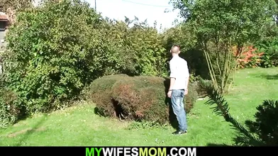 Old busty blonde mother inlaw rides his cock outside