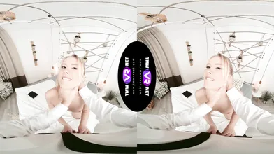 Glam blonde waits for dude in bed