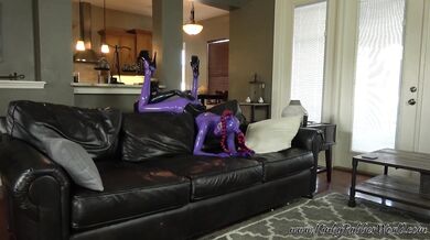 Lara's bent over the sofa fun with Rubber Jeff