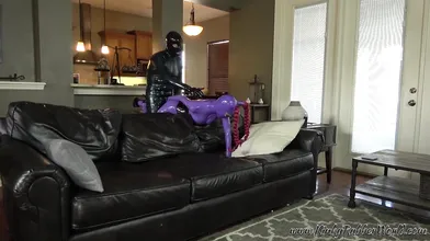 Lara's bent over the sofa fun with Rubber Jeff