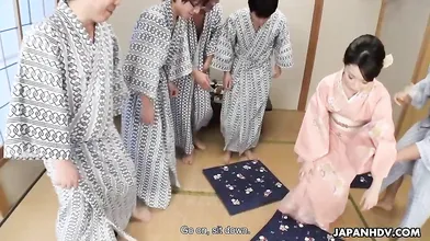 Hikaru Kirishima is in her kimono as the hostess of a office party orgy