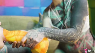 2 heavy tattoo girls get ass fucked by a big dick