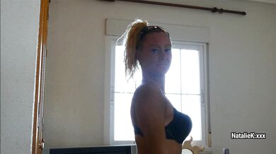 Sexy brit having fun with red dildo