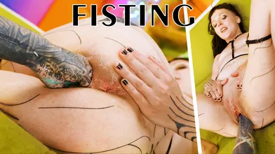 Tattoo Lesbian gets HARD fisted till she have a REAL ORGASM