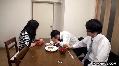 Risa Kurokawa has wet hairy cunt strongly fingered next to her drunk