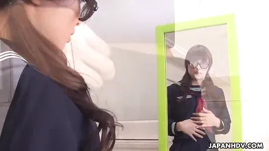 Azusa Misaki has hairy twat fucked with fingers by her Sensei. She is