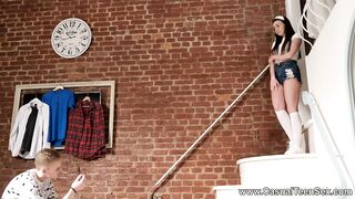 Nerdy gal fucked on the stairs