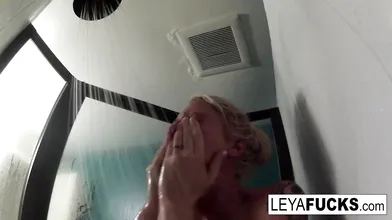 Hot big titty blonde takes a shower