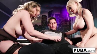 Hot club goers double team a big dick stud!