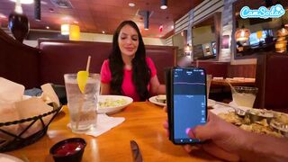 Cumming in Public with interactive toy at LUNCH! Public female orgasm interactive toy