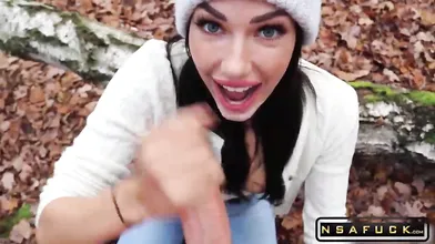 Freckled Teen SUCKS SWALLOWS in the Woods