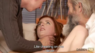 Chick\'s shaved pussy is fingered by old man and son in turn