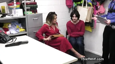 Busty Latina milf thief gangbanged in the backroom