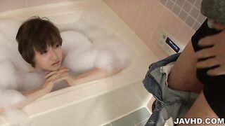Short-haired hottie Akina Hara and her gentle sucking mouth in the bathroom