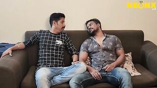Indian milf sucks on two hard cocks in hot blowjob threesome