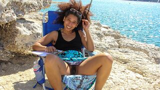 Hairy housewife flashing on the beach and at home