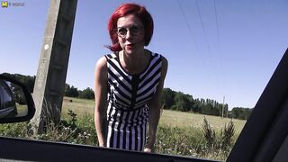 Sexy redhead mom sucks two dicks and gets her tight pussy fucked