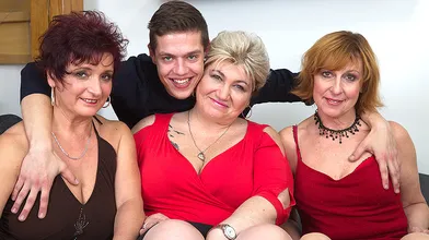 One lucky guy having funwith three mature sluts