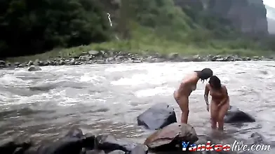 Two indian mature womens bathing in river naked