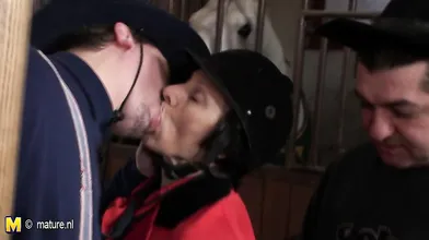 Horny mature slut fucking two guys at once