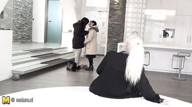 Three naughty old and young lesbians at play