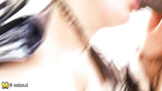 Big titted mama fucking a black cock through a hole