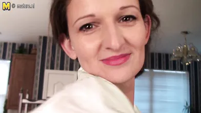 Naughty American housewife playing with her shaved pussy