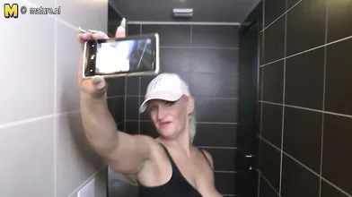 Horny mature slut gets pissed and fucked on a toilet
