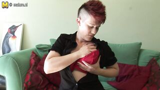 Hairy gig breasted housewife getting wet