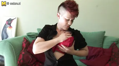 Hairy gig breasted housewife getting wet