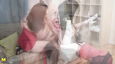 Three old and young lesbians playing and peeing