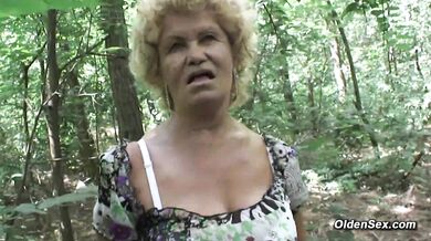 Blonde granny Francsina fucked in the woods POV by stranger Gabor