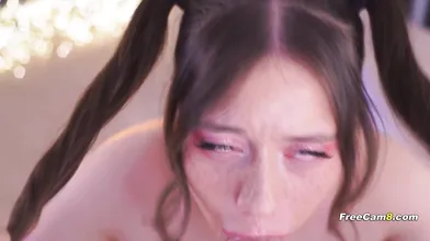 Freckled Babe Performs Sloppy Blowjob with a Rubber Cock Toy