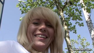 German blonde amateur MILF Judith masturbating on casting