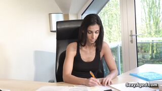 Old grandpa fucks shaved pussy teen Angela Allison on the desk in the office