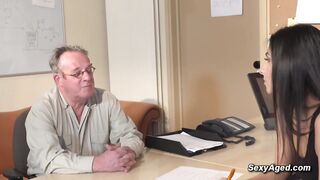 Old grandpa fucks shaved pussy teen Angela Allison on the desk in the office