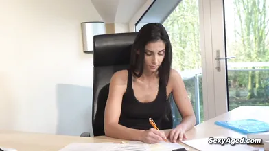Old grandpa fucks shaved pussy teen Angela Allison on the desk in the office