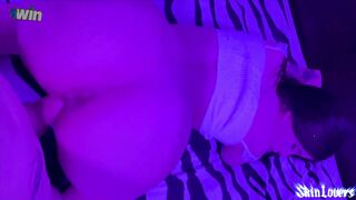 SkinLovers' neon-lit 18 y/o lady BJ's ample dick? Wow!