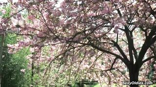 Teen neighbor Charlotte Johnson teasing old man Bruno for outdoor sex in his backyard