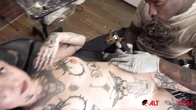 River Dawn Ink gets tattooed then fucked in the shop