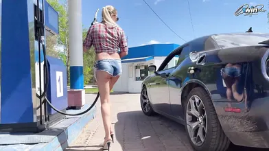 Country damsel in booty shorts gets poked from behind by mechanic in the realm -
