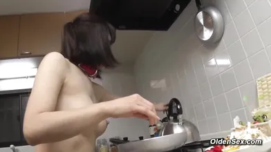 Asian mature Suzune Yagami naked cooks then sucks and fucks small cock Yasushi Goto